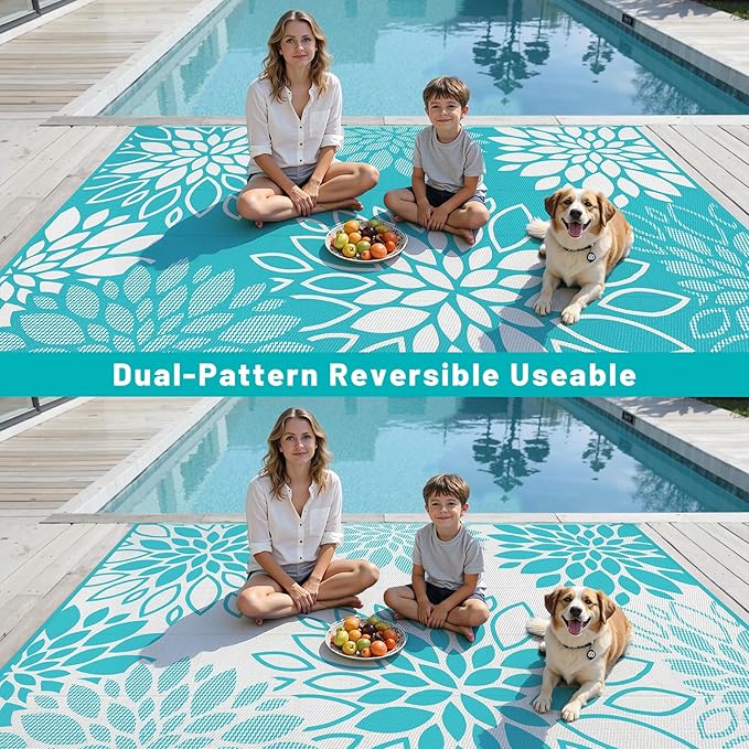 HEBE Waterproof Outdoor Rug 8x10 for Patios, Floral Reversible Plastic Straw Rug Patio Mat, Indoor Outdoor Carpet RV Mat Camping Rug for Deck, Camper, Porch, Balcony, Backyard, Picnic