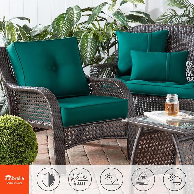 Sunbrella Deep Seat Cushion Set – Seat & Back Cushions for Patio Chairs, Sofas & Loveseats – Fade Resistant Outdoor Fabric, Ties, Zippered Cover, Cord Trim, Canvas Forest