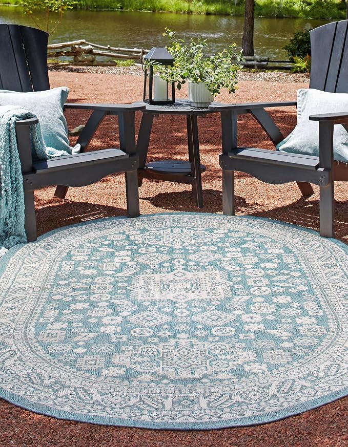 Unique Loom Outdoor Aztec Collection Area Rug - Chalca (7' 10" x 10' Oval, Aqua/ Ivory)