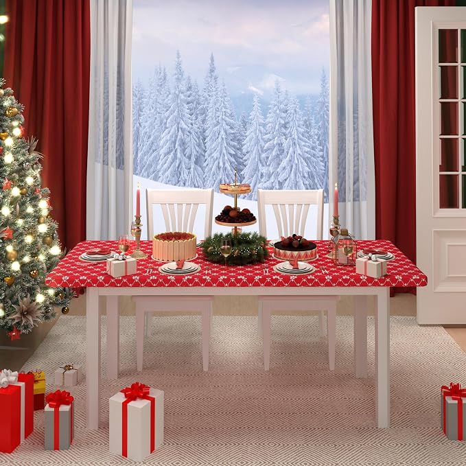 misaya Rectangle Vinyl Table Cloth, Elastic Fitted Tablecloth with Flannel Backing, Waterproof Plastic Table Cover Fits 6 Foot Folding Tables for Picnic, Camping, Indoor and Outdoor (Red, 30" x 72")
