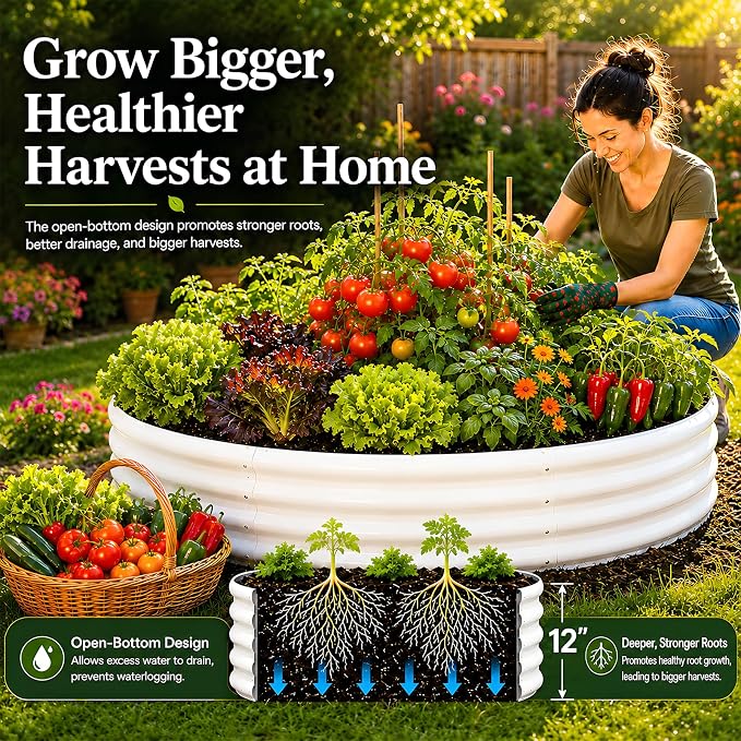 4FT Round Raised Garden Bed, Heavy Duty Galvanized Metal Planter Box for Vegetables, Flowers & Herbs, Rust-Resistant Outdoor Gardening Bed with Modern White Finish & Easy DIY Assembly