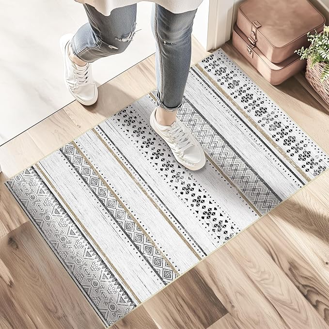 2x3 Washable Area Rugs for Living Room Boho Bathroom Rug Black/Brown | Vacuum Friendly, Machine Washable, Non-Slip Rug, Stain Resistant, Moroccan Geometric, Low Pile Carpet, Entryway Kitchen