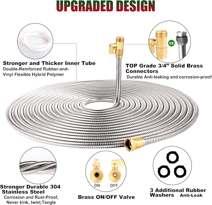 Metal Garden Hose 25 ft Water Hose 304 Stainless Flexible Lightweight Outdoor Yard Strong Durable Heavy Duty Hose Pipe with 10-Way Nozzle Solid 3/4" Brass Connectors No Kink Leakproof Outside
