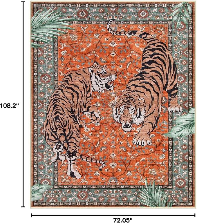 Moynesa Tiger Washable Area Rug, Boho 6x9 Rug for Living Room, Vintage Large Soft Bedroom Rug, Non Slip Ultra Thin Stain Resistant Floor Carpet for Dining Room Home Office, Rust