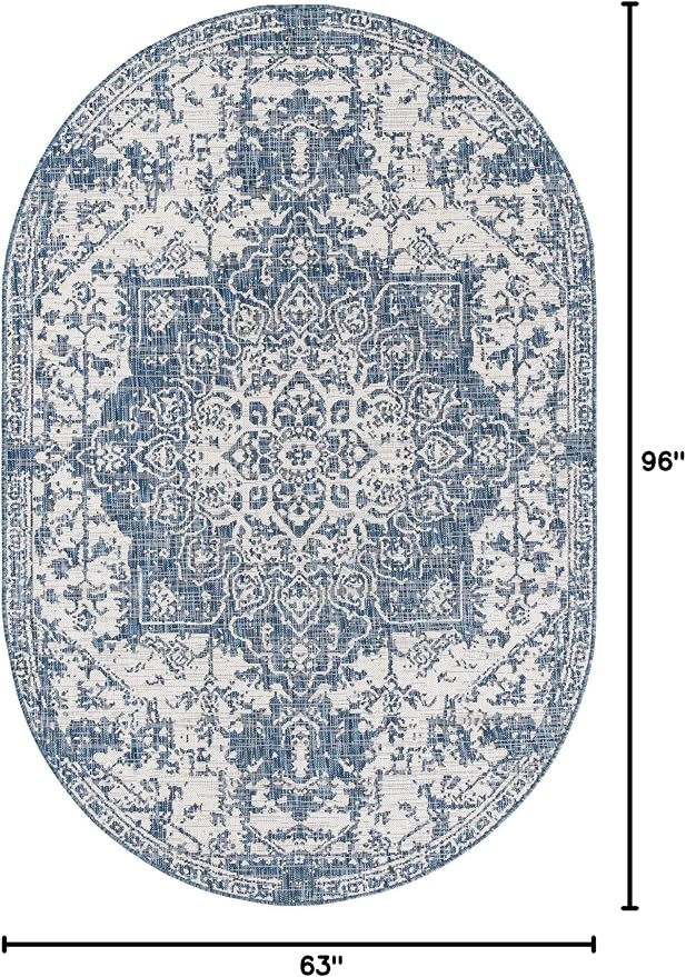 Unique Loom Outdoor Collection Area Rug - Dubai (5' 3' x 8' Oval, Blue/ Ivory)
