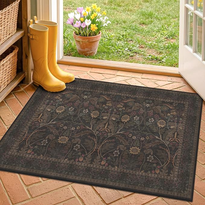 Dark Brown 2x3 Washable Entry Rug, Throw Small Rugs for Entryway Kitchen Bathroom Indoor Door Mat, Farmhouse Floral & Botanical Door Mats, Low Pile Soft Stain Resistant Carpet