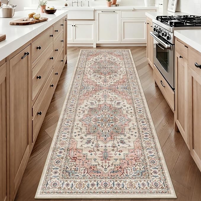 2’6″x 8’ Vintage Runner Low Pile Non-Slip Washable Hallway Rug | Retro Distressed Print Rug Non-Shedding Beige Pink Carpet Stain Resistant Long Rug for Hallway Kitchen Bedroom Laundry Room