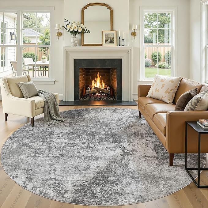 Nakagishi 8X8 Abstract Washable Area Rugs for Living Room-Grey | Modern Non-Slip Silicone Backing Low Pile Soft Carpet for Bedroom Dining Decor Ideal for Families with Kids and Pets