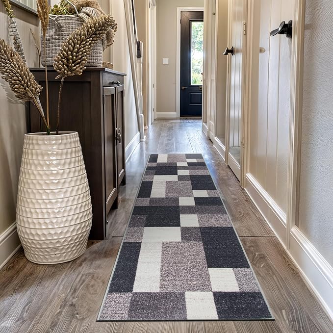 Rugshop Modern Boxes Non-Slip Living Room Runner Rug Gray 2'7" x 12' | Runner, Size 2'7" x 12', Bedroom, Dining Room, Home Office, Kitchen, Entryway, Hallway, Nursery, Kids Room, Guest Room