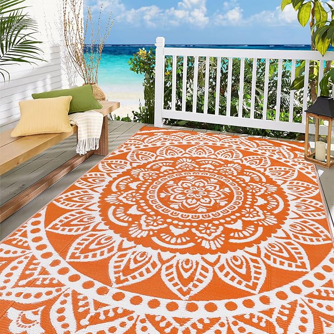 Bsmathom Waterproof Outdoor Rug 6'x9' Reversible Boho Plastic Straw Patio Deck Camping Rugs, Indoor Outdoor Portable RV Mat Clearance Carpet for Outside, Porch, Balcony, Backyard, Beach, Pool,Orange