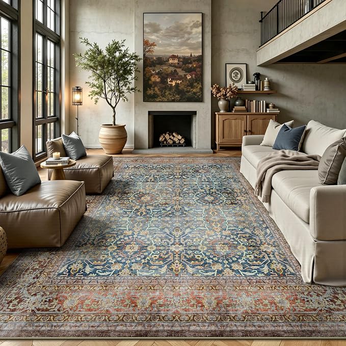 8x10 Area Rugs for Living Room - Washable Vintage Retro Large Rug, Soft Ultra Thin Non Slip Low Pile Distressed Boho Traditional Carpet for Bedroom Dining Room Home Office, Rust Clay