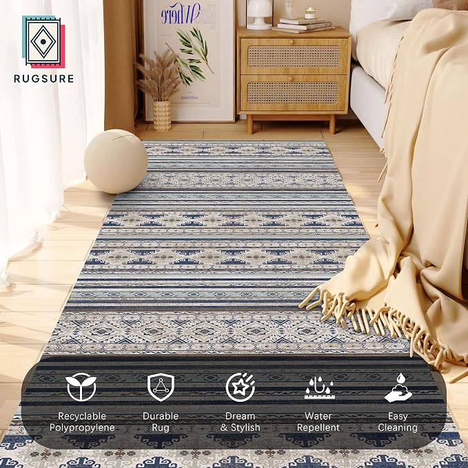 Washable Area Rugs 2'6'' x 8' - 1/6 Thick - Moroccan-Inspired -Stain & Water Resistant Non-Slip - Resistant Rug for Living Room, Bedroom, Nursery, Pet & Child Friendly (Blue and Brown)