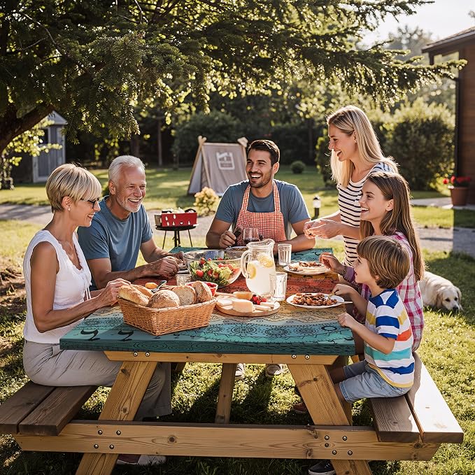 Fitted Waterproof Picnic Table Cover with Bench Covers Heavy Duty Elastic Outdoor Camping Tablecloth for 6 Foot Rectangle Tables Summer Rv Accessories Patio Garden Road Trip Essentials Gifts