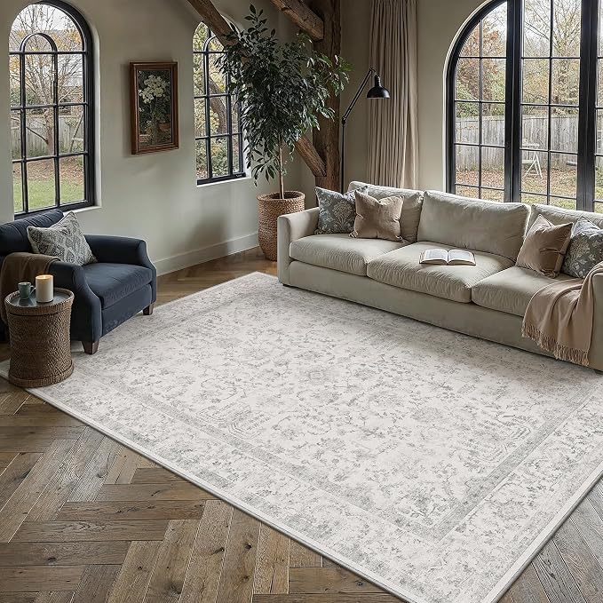6x9 Grey Neutral Living Room Area Rug | Washable, Low Pile, Accent, Vintage, Soft, Non Slip, Carpet for Bedroom Dining Room Nursery Office Indoor Home Decor