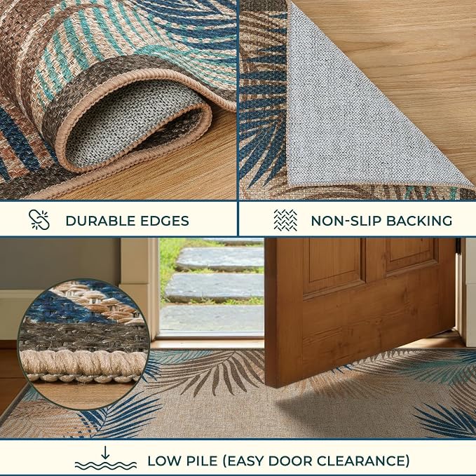 LIVEBOX Modern Easy Jute 5x7 Outdoor Rug, Washable Area Rugs for Living Room Patio Tropical Leaf Indoor Outdoor Rug, Boho Farmhouse Non Slip Carpet for Backyard Foyer Dining Room(Olive, 5'x7')