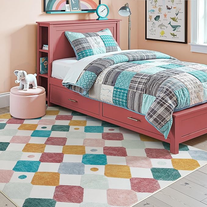 jinchan 5x7 Nursery Rug Washable Kids Rug Colorful Play Mat Decor Confetti | Soft, Non-Slip, Cute, Kid-Friendly, Modern Checkered Diamond Design, Classroom, Playroom, Bedroom, Dorm, Daycare, Living Room