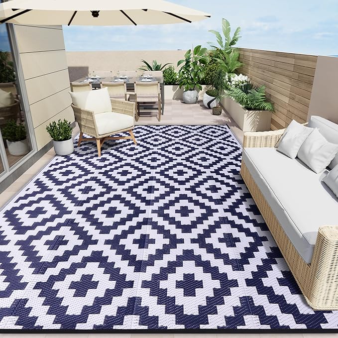 OLANLY Waterproof Outdoor Rug 9x18 ft, Outdoor Plastic Straw Rug for Camping, RV Mat Outside, Indoor Outdoor Carpet for Porch, Deck, Backyard, Balcony, Picnic, Navy & White