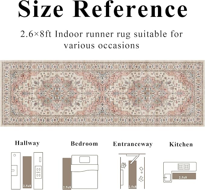 2’6″x 8’ Vintage Runner Low Pile Non-Slip Washable Hallway Rug | Retro Distressed Print Rug Non-Shedding Beige Pink Carpet Stain Resistant Long Rug for Hallway Kitchen Bedroom Laundry Room
