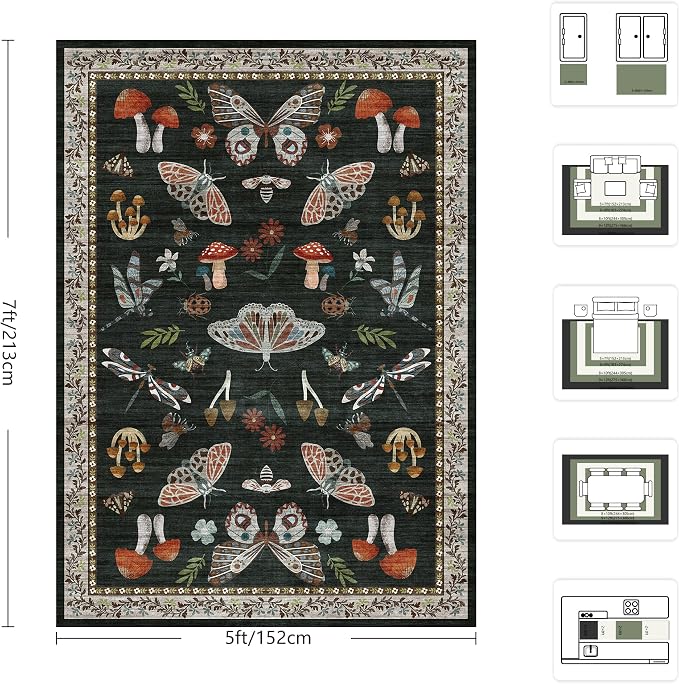 Area Rug 5x7, Insect Ultra Soft Washable Rug Non Slip with Rubber Back, Stain Resistant Rugs for Living Room, Bedroom, Dining Room(Black Butterfly)