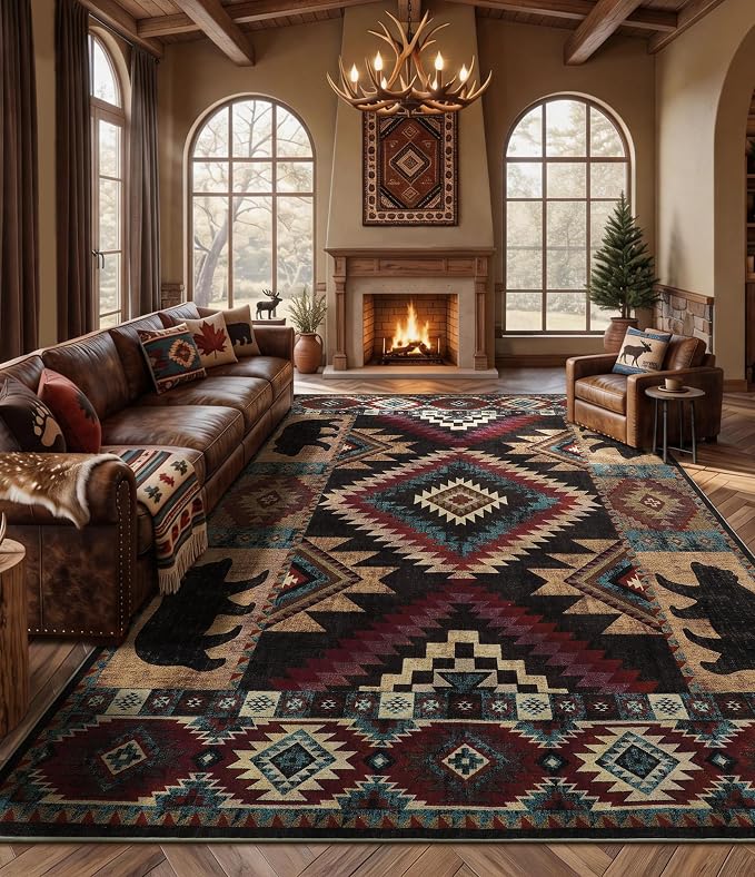 YIHOUSE Rustic Cabin Area Rug 10x14, Lodge Wildlife Bear Washable Large Area Rug, Southwestern Rustic Rugs for Living Room