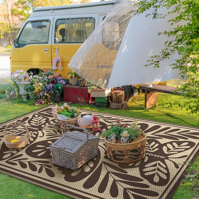 GENIMO Outdoor Rug 6' x 9' Waterproof for Patio Clearance, Reversible Plastic Straw Camping Mat, Lightweight Carpet for Rv, Camper, Deck, Porch, Picnic, Balcony, Beach,Khaki Coffee & Beige