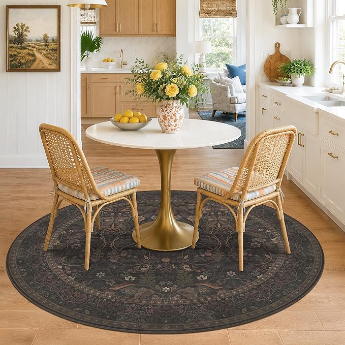 Brown Floral 6ft Round Rug for Living Room Kitchen Dining Room Under Table, Thin Low Pile Soft Botanical Patern Area Rug for Living Room Bedroom, Traditional Home Décor Non Skid (Black and Brown)