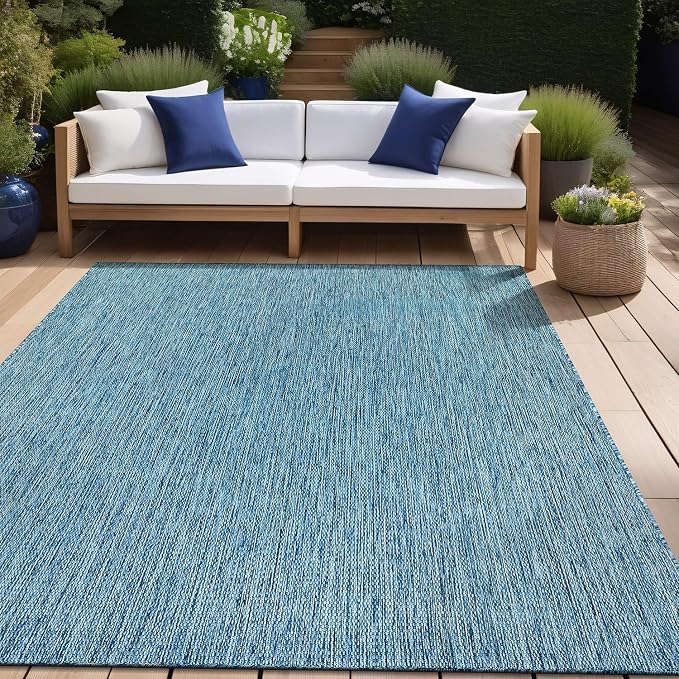 Beverly Rug Indoor Outdoor Rug 8x10, Washable Outside Carpet for Patio, Deck, Porch, Solid Modern Area Rug, Water Resistant, Aqua Blue