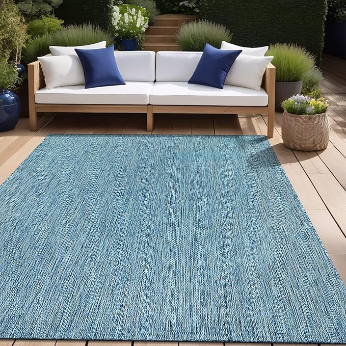 Beverly Rug Indoor Outdoor Rug 5x7, Washable Outside Carpet for Patio, Deck, Porch, Solid Modern Area Rug, Water Resistant, Aqua Blue