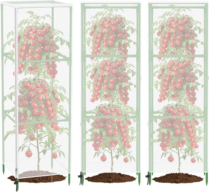 Garden Bird Netting Plant Cover for Square Tomato Cage, 59" x 17.7" Insect Barrier Tomato Cage Net with Zipper and Drawstring, Tomato Trellis Netting Protection Cover for Protecting Plant (3 Pack)