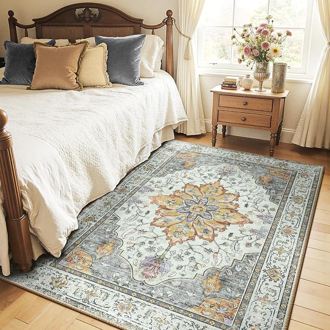 RELEANY Washable Area Rug, 5'x7', Beige/Carbon Grey/Orange | Non-Slip, Water Repellent, Pet Friendly, Easy to Clean, Vintage Floral Boho Decor for Living Room Bedroom Dining Room Office