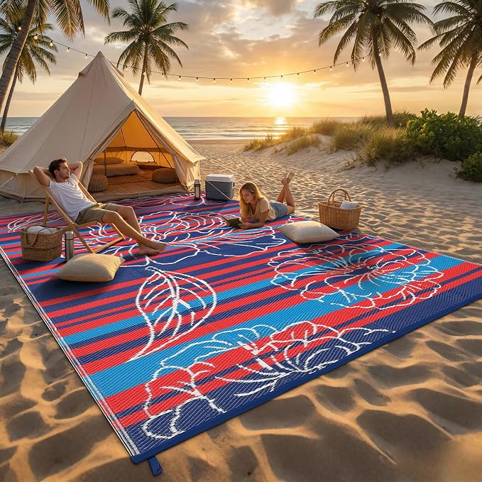 Garvee 8x10 Outdoor Waterproof Rug, Floral Outdoor Area Rug，Reversible Plastic Straw Patio Rug, Portable Camping Mat for RV, Picnic, Beach, Balcony, Garden & Camping Red&Navy