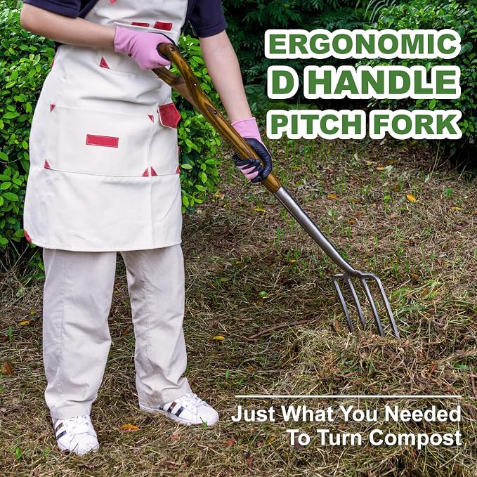 Garden Pitch Fork, 4-Tine Stainless Steel Spading Fork, 43.9'' Digging Fork with Good Leverage for Easy Digging Out Weed, Ergonomic D Handle Garden Fork for Composting, Digging Potatoes Loosening Soil