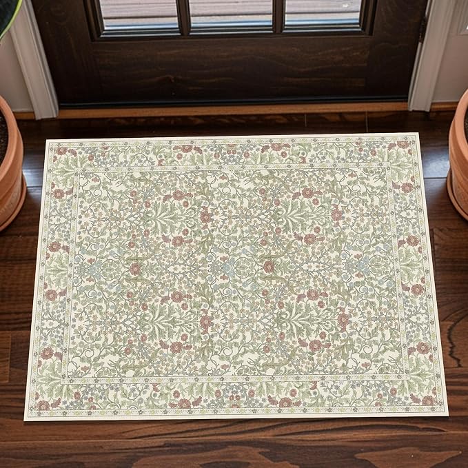Washable 2x3 Entry Rug, Front Door Rugs Indoor, Vintage Floral Area Rugs for Kitchen, Non-Slip Bathroom Small Rugs, Perfect for Entryway Decor Door Mat (2x3 Light Green)