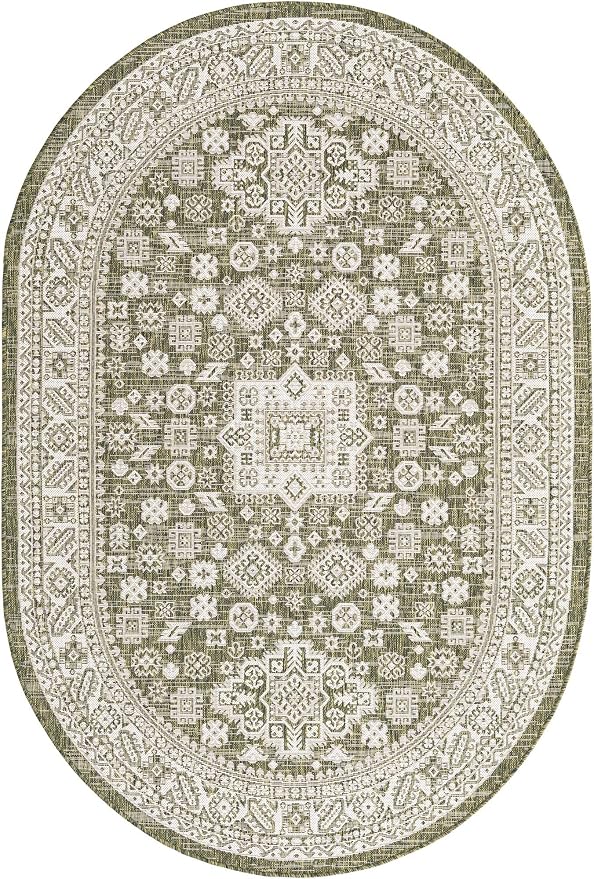 Unique Loom Outdoor Aztec Collection Area Rug - Chalca (5' 3" x 8' Oval, Green/ Ivory)