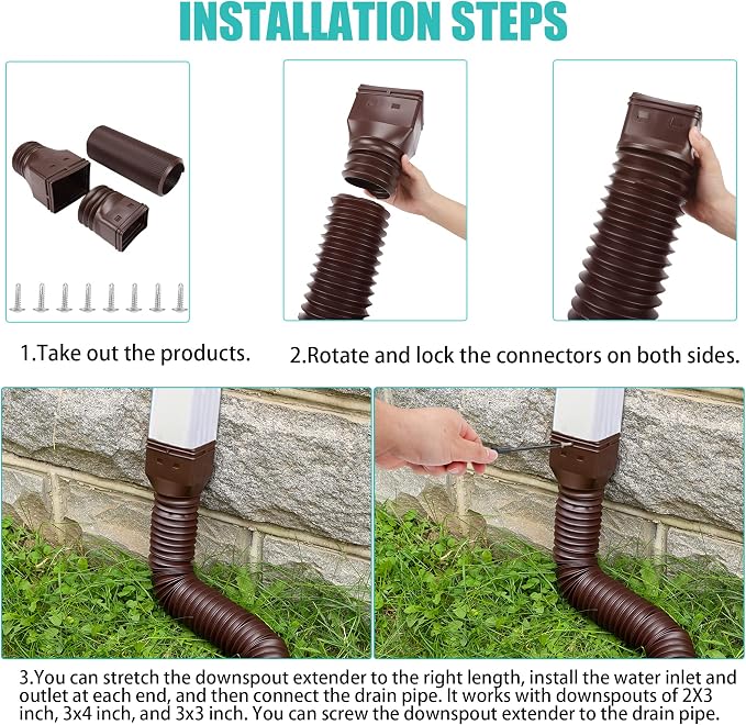 2 Pack Rain Gutter Downspout Extensions Flexible,Downspout Extender Diverter Extendable from 21" to 58". Drain Pipe Connector Extendable for Most Residential Downspouts (Brown)