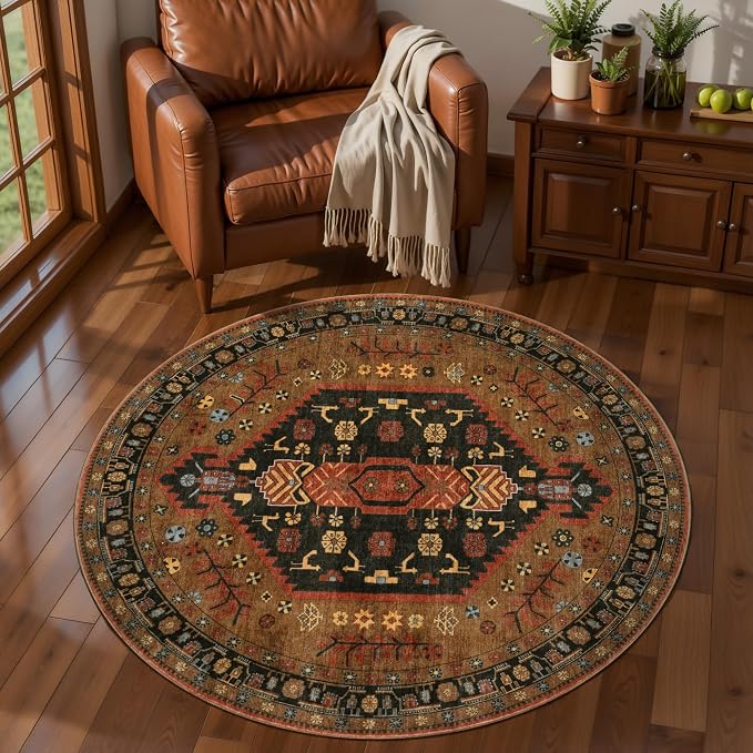 Ciicool 3ft Round Small Area Rug for Entryway,Circle Mat for Dining Room | Washable Soft Non-Slip Low-Pile Oriental Indoor Mat Boho Entry Carpet for Entryway Bedside Living Room Laundry Bathroom