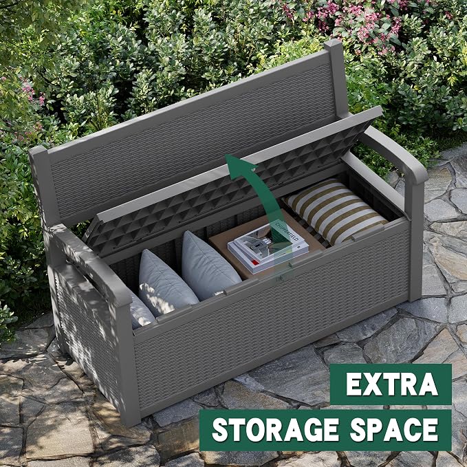 80 Gallon Outdoor Storage Bench, Resin Patio Storage Bench with Armrest, Lockable Deck Boxes Outdoor Waterproof and UV Resistant for Cushions, Garden Tools and Pool Supplies, Dark Grey