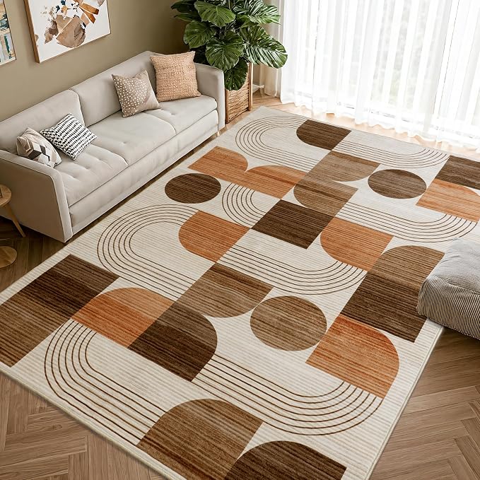 Soft Modern Geometric Abstract Large Machine Washable 6x9 Area Rug | Orange Rugs for Bedroom Living Room, Non-Shedding Faux Wool Indoor Throw Floor Carpet for Office Entryway Dining Room Decor