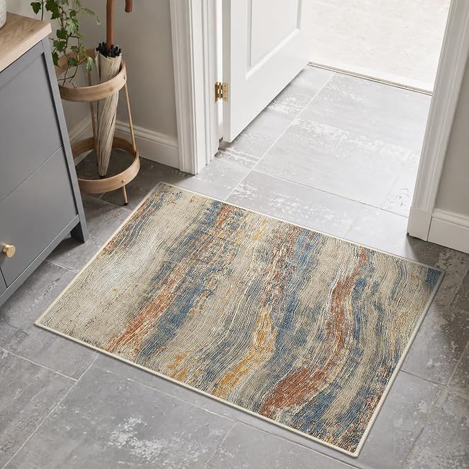 BEIMO 2x3 Washable Doormat Rug for Entryway, Wave Abstract Taupe Glod | Soft Machine Washable Modern Brown Area Rug,Streaks Pattern Non Slip Indoor Small Marble Carpet for Entrance,Bathroom,Bedroom