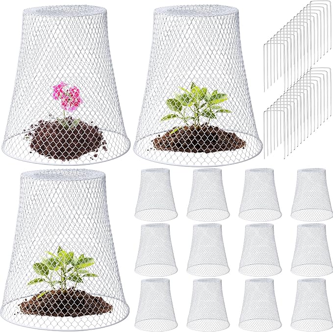Therwen 15 Pcs Large Plant Wire Cloche 11 x 12 Inch Metal Garden Cloche with Garden Stakes Plant Protector from Animals for Keeping Bunnies Chicken Squirrels Birds (White)