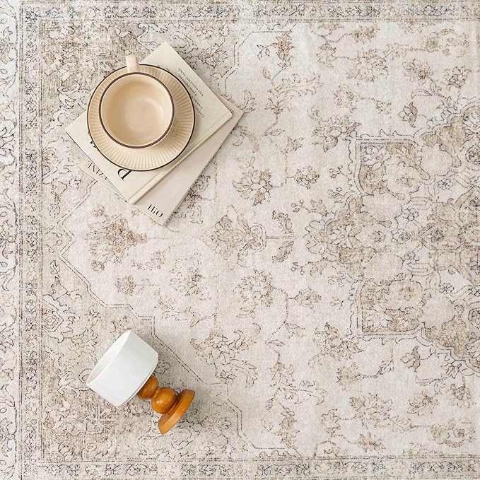 Beige 2x5 Washable Runner Rug Vintage Oriental Medallion Carpet | Soft Low Pile, Non Slip, Stain Resistant, Neutral Retro Decor for Entryway, Kitchen, Bedroom, Hallway