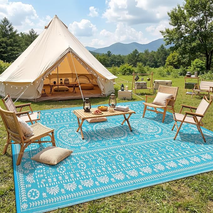 Garvee Reversible Outdoor Rug 8x10 for Patio, Waterproof Outdoor Area Rug, Modern Medallion Indoor Outdoor Rugs, Plastic Straw Rug for RV, Camping, Deck, Vintage Blue