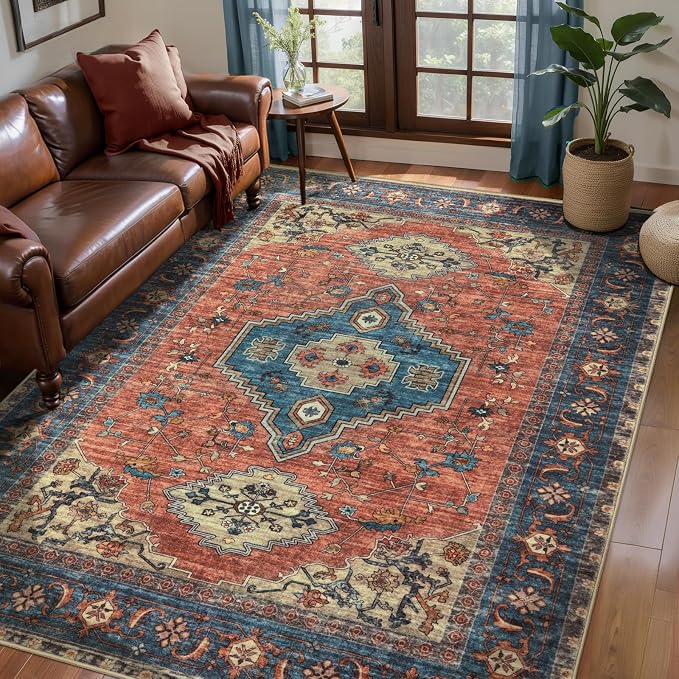 Tangsoo Oriental 3x5 Washable Area Rugs, Vintage Non Slip Accent Rug | Boho Indoor Print Distressed Carpet, Soft Low Pile Rug for Living Room Dining Bedroom Bedside Entryway Terracotta Blue