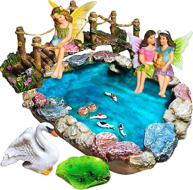 Mood Lab Fairy Garden Figurines - Fish Pond & Bridge - Miniature Decor Set (6 pcs) - Statues & Accessories - Outdoor & Indoor Garden Decor