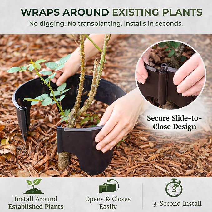 12 Inch Wrap-Around Adjustable Planting Grow Rings | 6 Pack | Brown | Install Around Existing Plants | Square Foot Gardening | Trimmer Protection and Mulch Barrier | Heavy Duty | Made in USA