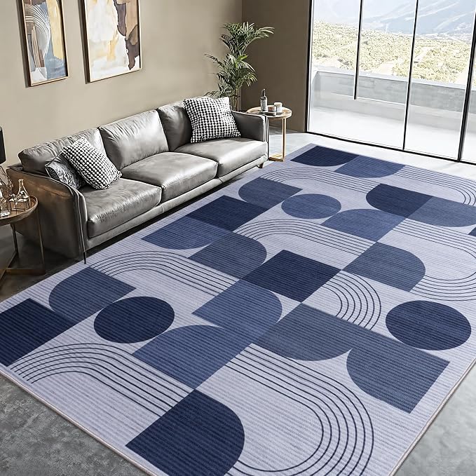 Soft Modern Geometric Abstract Large Machine Washable 6x9 Area Rug | Blue Rugs for Bedroom Living Room, Non-Shedding Faux Wool Indoor Throw Floor Carpet for Office Entryway Dining Room Decor