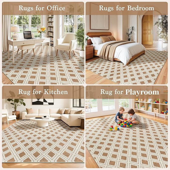 LBRO2M Machine Washable Rug Soft Pet Friendly Carpet 8X10 Brown | Checkered Rug 8X10 for Living Room, Bedroom, Dining Room, Home Office, Non Slip Carpet, Foldable Stain Resistant Rugs
