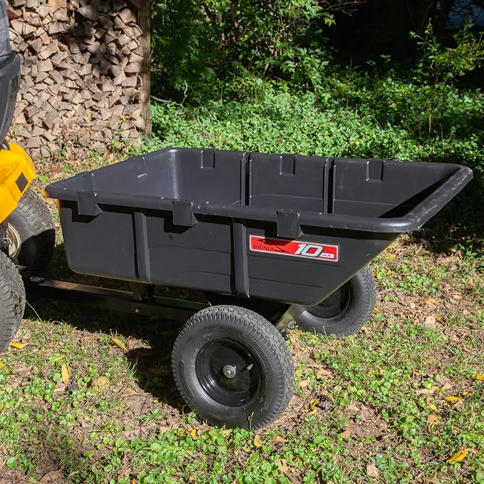 Brinly 10 cu.ft. 650lb Heavy Duty Tow-Behind Poly Utility Cart & Dump Trailer with Magnetic Hitch Pin & Compression Molded Bed