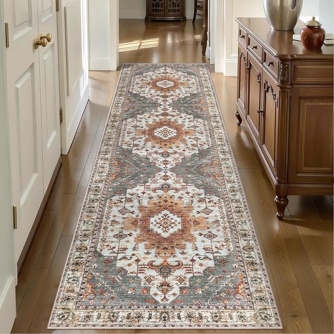 Tangsoo Oriental 2.6x10 Hallway Runner Rugs, Washable Non Slip Rug Runners | Oriental Soft Low Pile Long Rug, Boho Farmhouse Print Indoor Carpet Runners for Hallway Living Room Kitchen Bedroom Turmeric