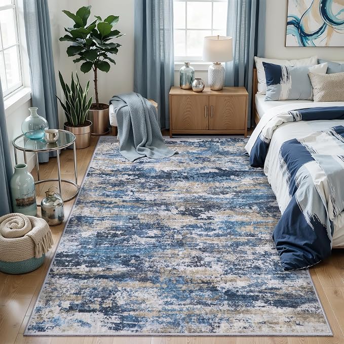 Tangsoo Blue Abstract 3x5 Washable Area Rug, Modern Non Slip Accent Rugs | Contemporary Print Indoor Carpet, Soft Low Pile Foldable Rugs for Living Room Bedroom Bedside Entryway Blue Grey Home Decor
